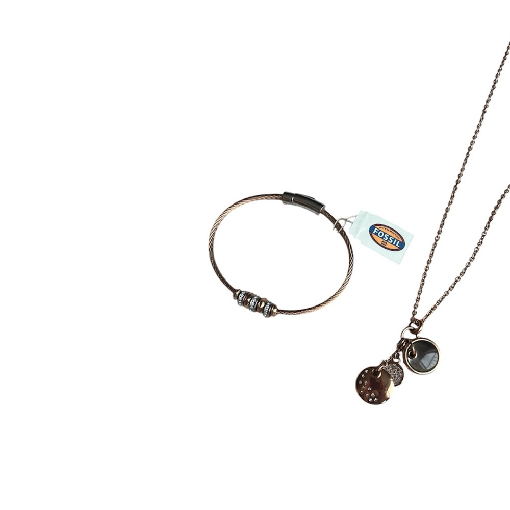 NWT! Rose Gold Mother of Pearl Fossil Northern Lights Necklace & Bracelet Set